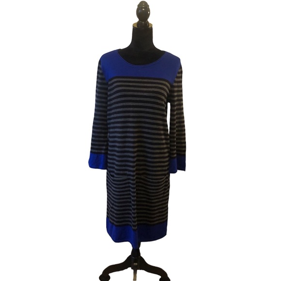 Jessica Howard Blue Trimmed Striped Dress size Medium - Picture 2 of 9